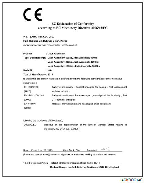 Deklaracja zgodności CE dla podnośnika